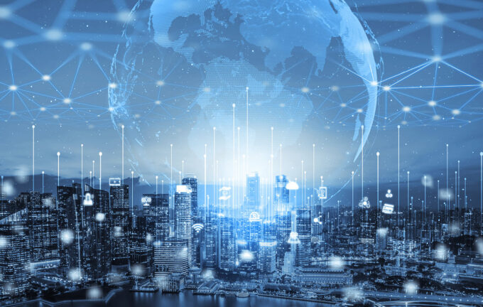Blue skyline of a city with tech design overlay