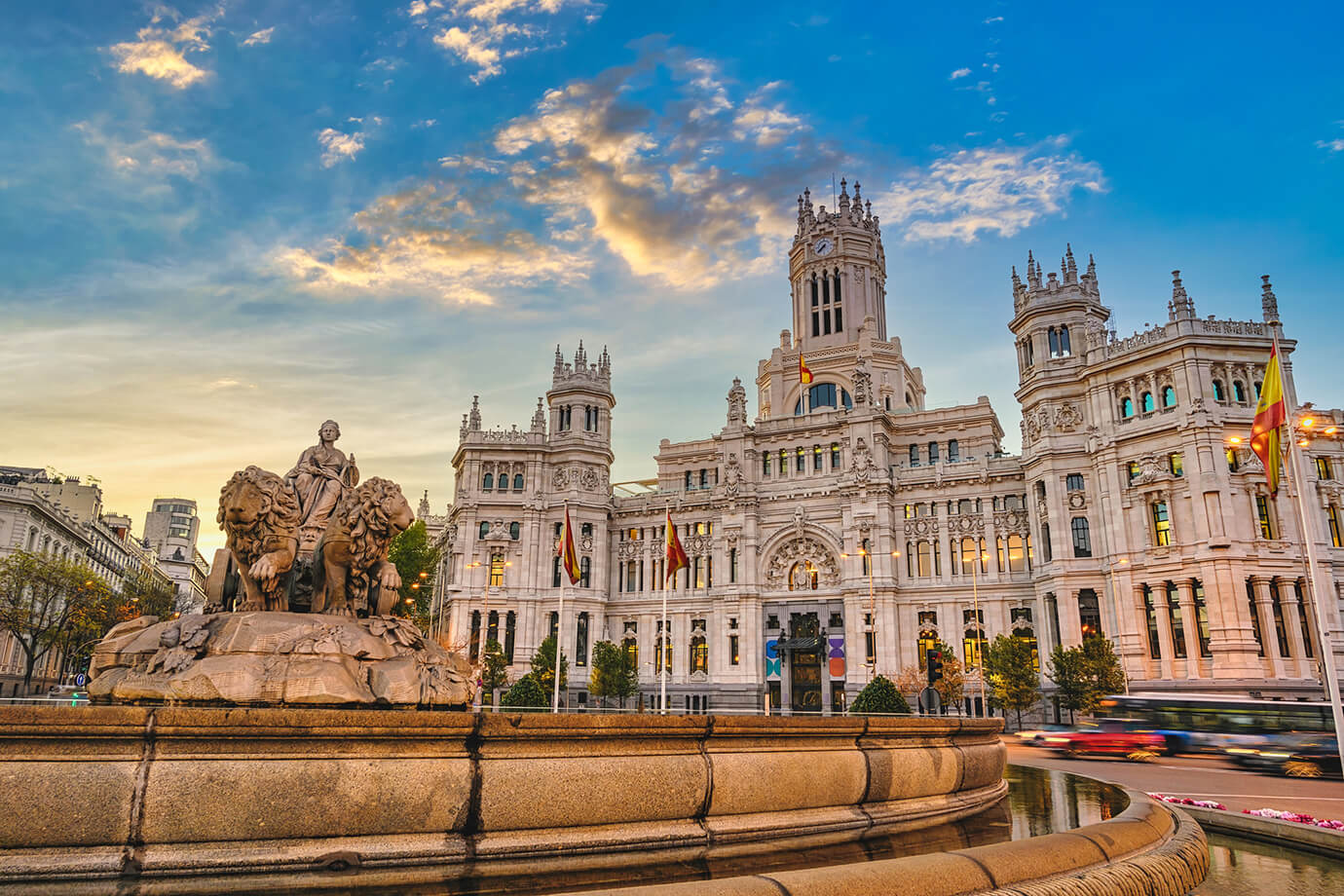 Skyline of government building and fountain in Madrid, Spain