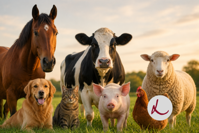 Horse, cow, dog, cat, pig, lamb on farm