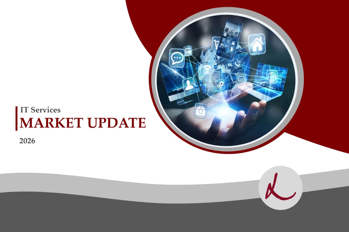 Cover of the 2026 IT Services Market Update featuring a hand holding a digital globe with connected technology icons representing cloud computing, mobile devices, communication, and global connectivity